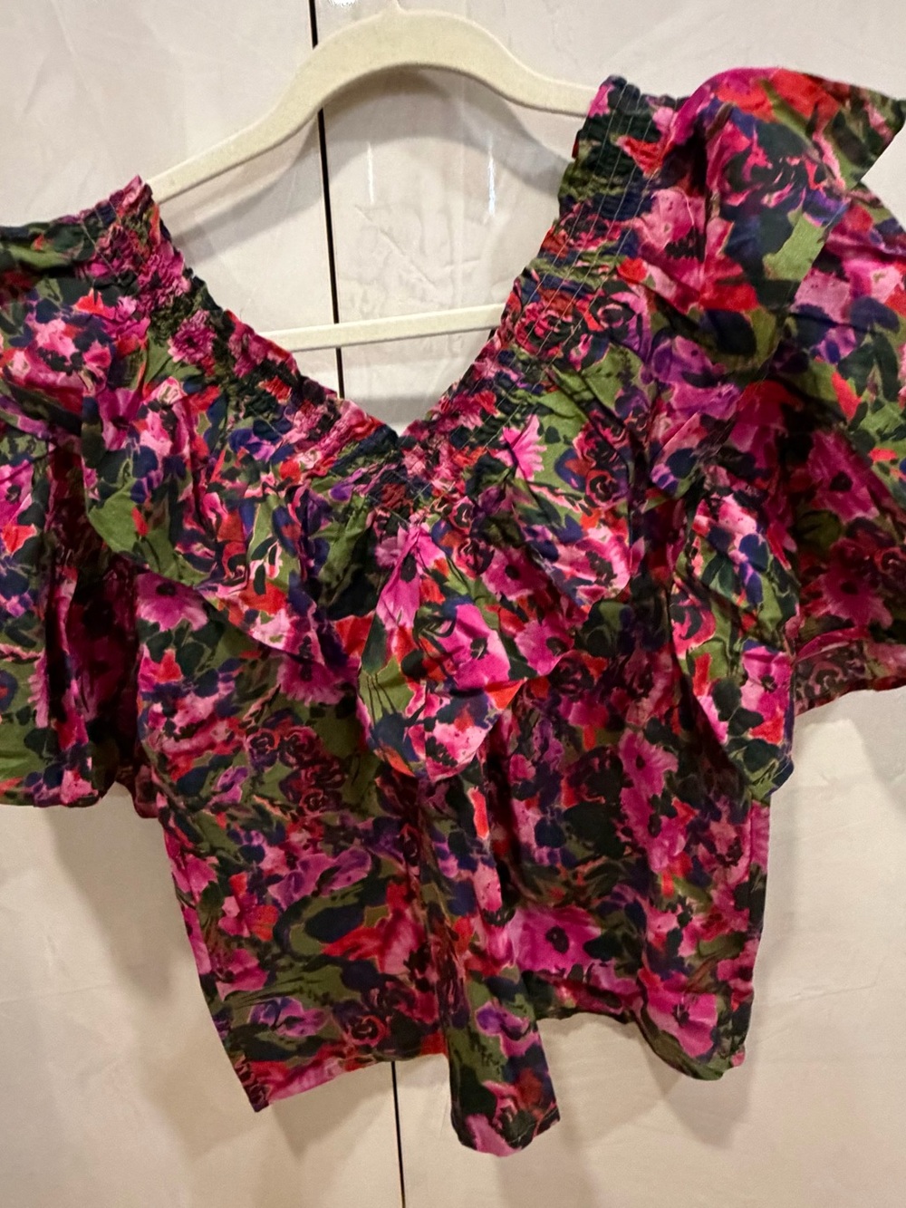 Something Navy Pink & Green Floral Off-Shoulder Ruffle Blouse